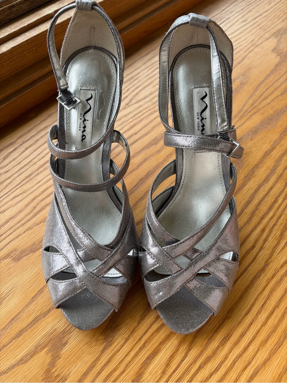 Nina Metallic Pewter Strappy Heels